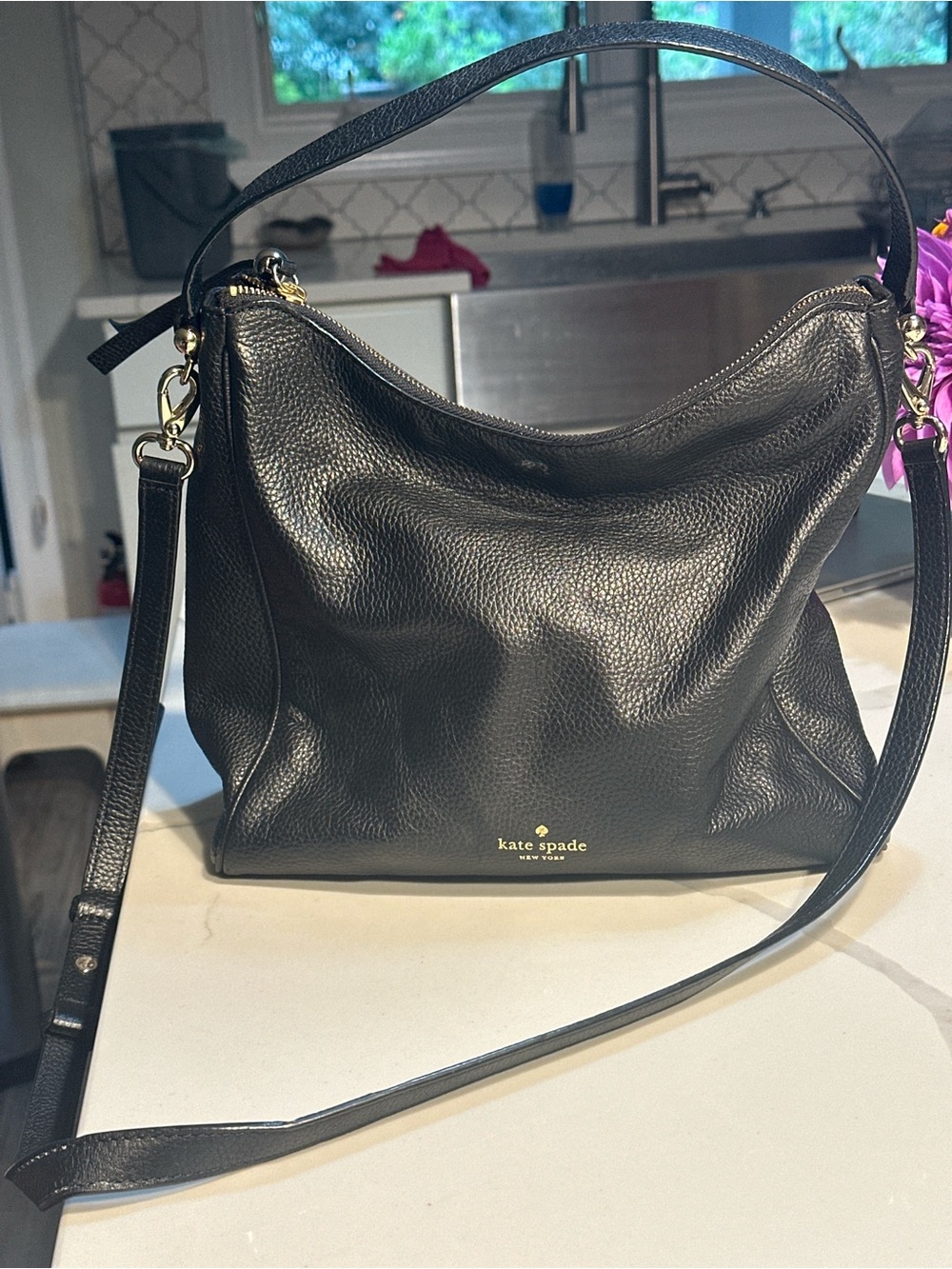 kate spade Black Pebbled Leather Hobo Shoulder Bag with Gold Hardware